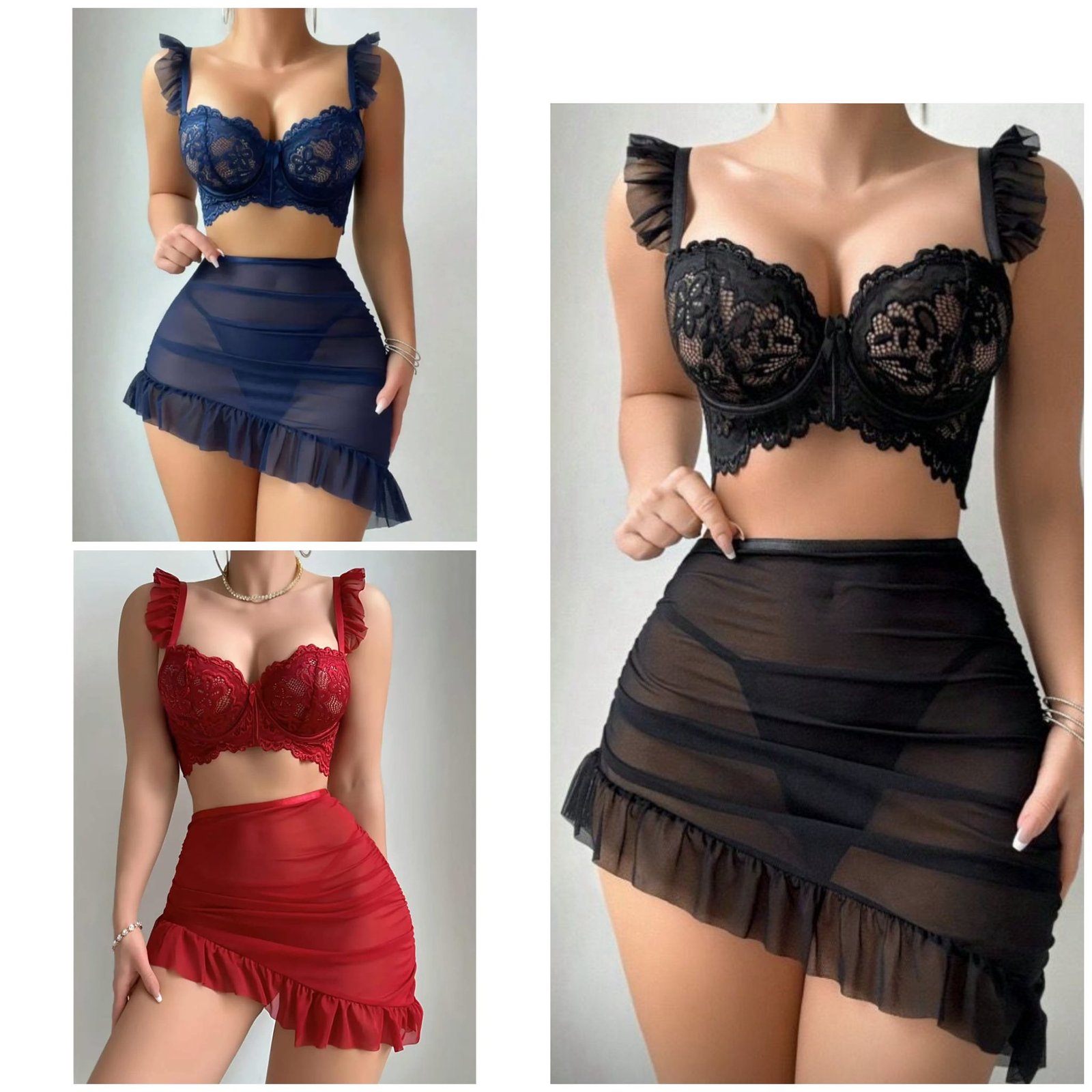 Women's Elegant Lace Bralette and Ruffled Mesh Mini Skirt Lingerie Set Women's Elegant Lace Bralette and Ruffled Mesh Mini Skirt Lingerie Set