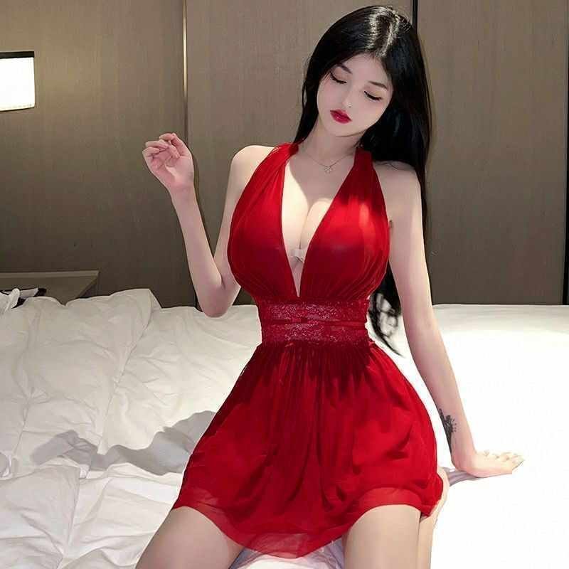 MyDress-Lingerie-Sexy-Hot-Halter-Neck.jpg Red Lingerie Deep V-Neck Sleeveless Dress - Image 1