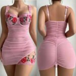 Luxury Floral Embroidered Ruched Bodycon Mini Dress - Elegant Mesh Party Wear - Image 4