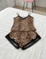 Women's Leopard Print Lace-Trim Cami and Shorts Loungewear Set