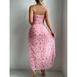 Women's Romantic Pink Floral Mesh Maxi Dress with High Double Slits