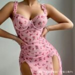 Women's Romantic Pink Floral Mesh Maxi Dress with High Double Slits